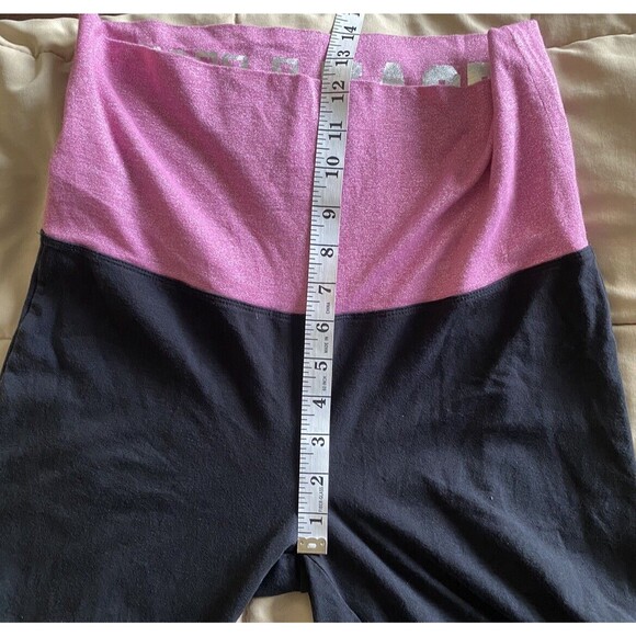 Y2K VS PINK M Foldover Black Flare Leggings Pink Silver Logo Low Rise Vtg - Picture 12 of 15